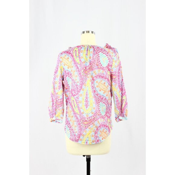 LAUREN RALPH LAUREN Pink Paisley Cotton Voile V-Neck Ruffle Blouse, Size M - Picture 3 of 16